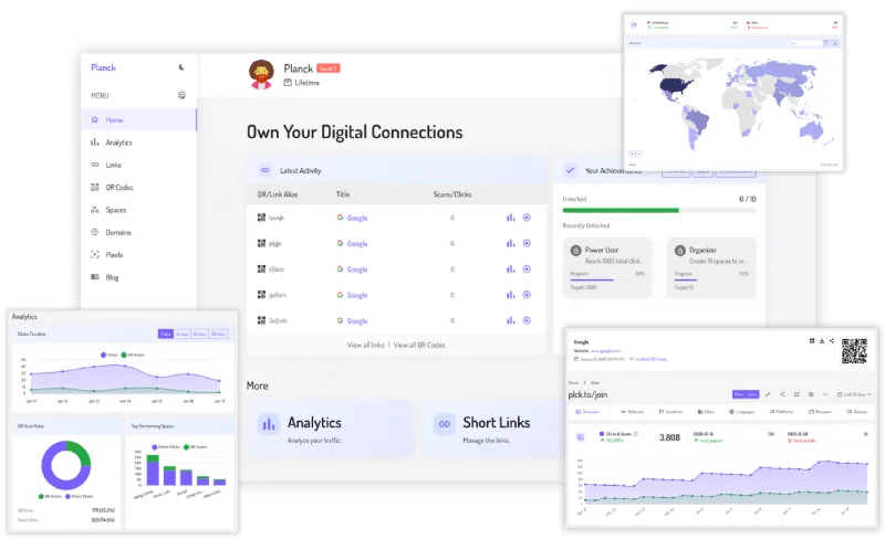 Planck URL Shortener dashboard showing link analytics and tracking features